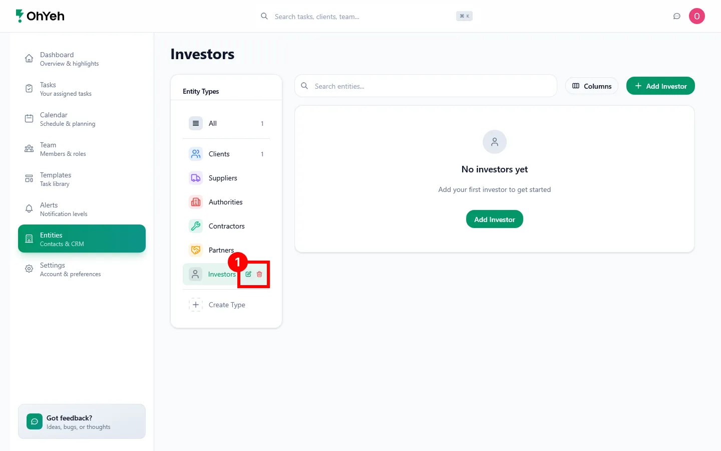 Entities page with the custom Investors entity type selected and its Edit and Delete buttons highlighted by callout 1.
