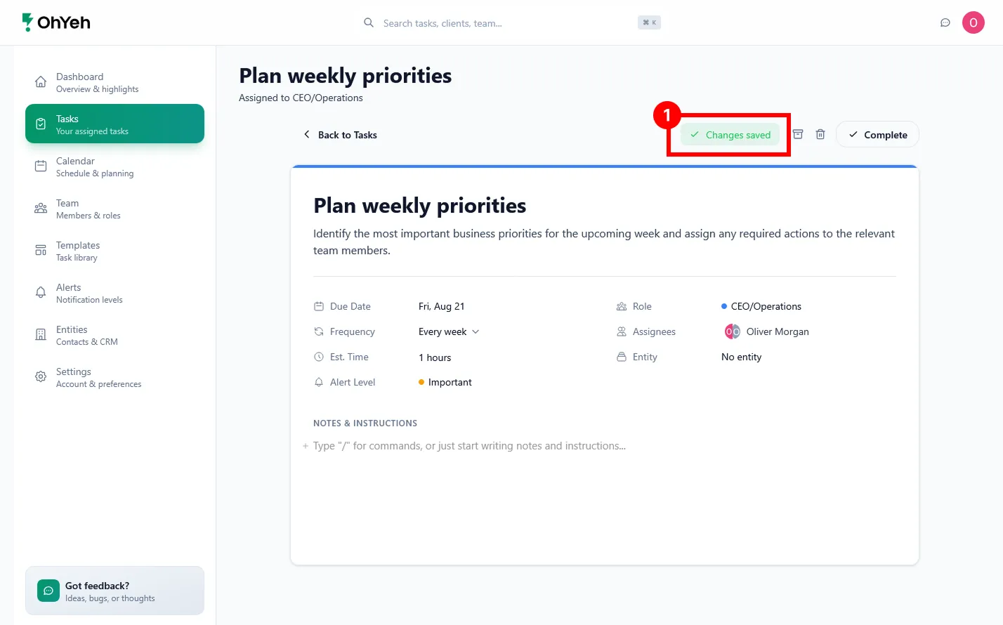 Task editor with the Changes saved status highlighted by callout 1 above the task fields.